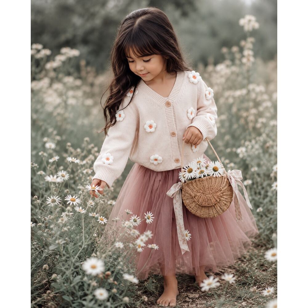 Always Blooming 3D Daisy Slouchy Soft Knit Cardigan Sweater 4T